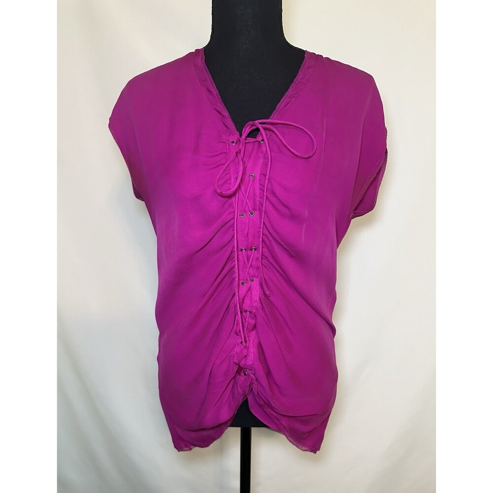 Diane Von Furstenberg Magenta Lace Up Front V-Neck 100% Silk Top SIZE 2 *READ*